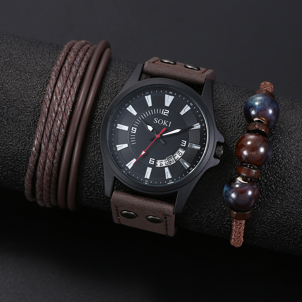 Simple classic Calendar brown PU leather strap Menu0027s Sports Watch wristband