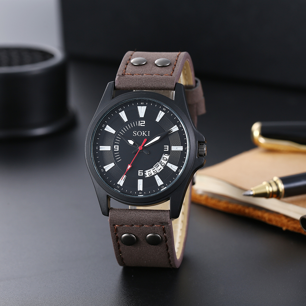 Simple classic Calendar brown PU leather strap Menu0027s Sports Watch wristband