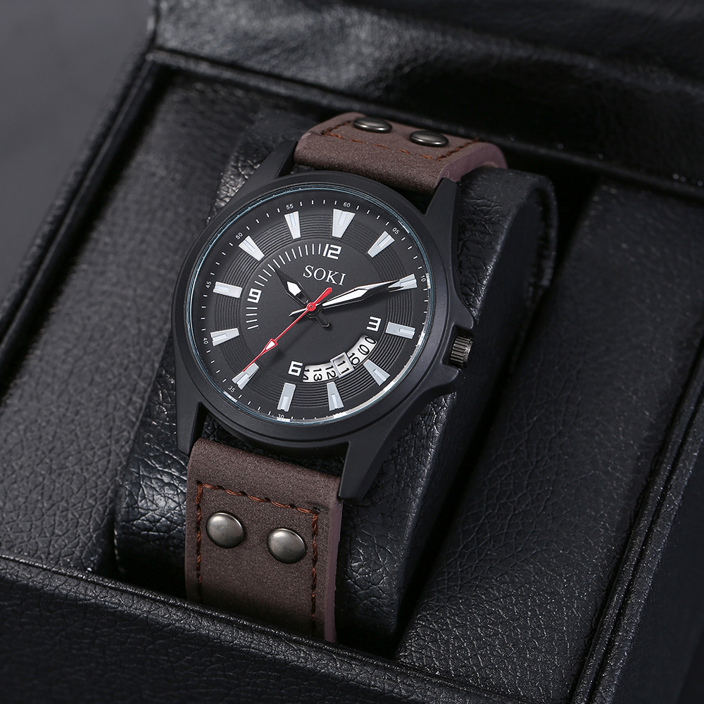 Simple classic Calendar brown PU leather strap Menu0027s Sports Watch wristband