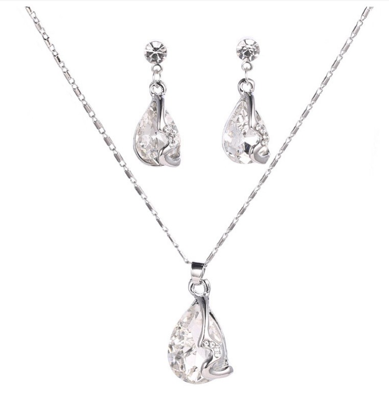 New Diamond Drop Gemstone Pendant Necklace and Earrings Suite Jewelry