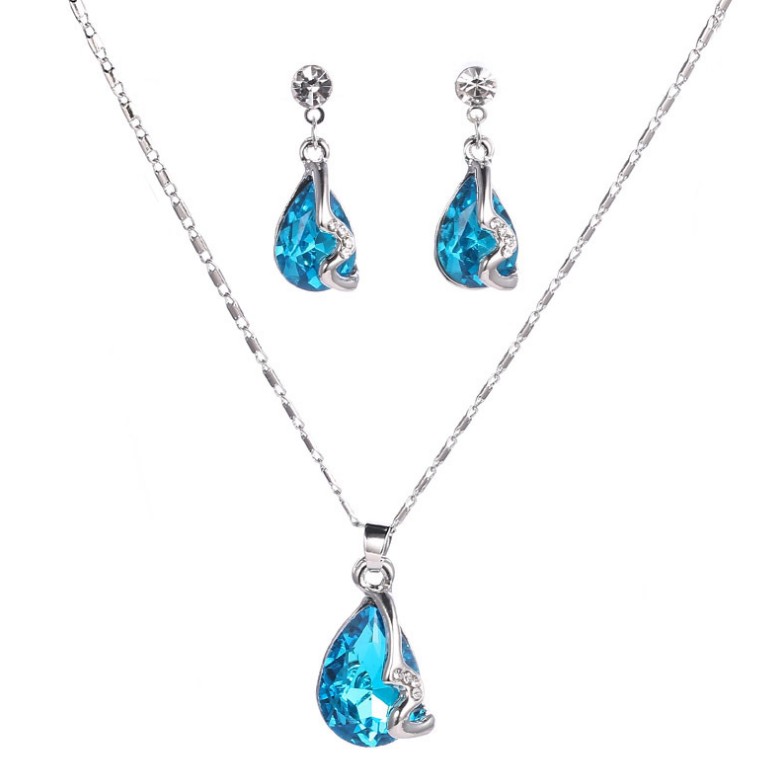 New Diamond Drop Gemstone Pendant Necklace and Earrings Suite Jewelry