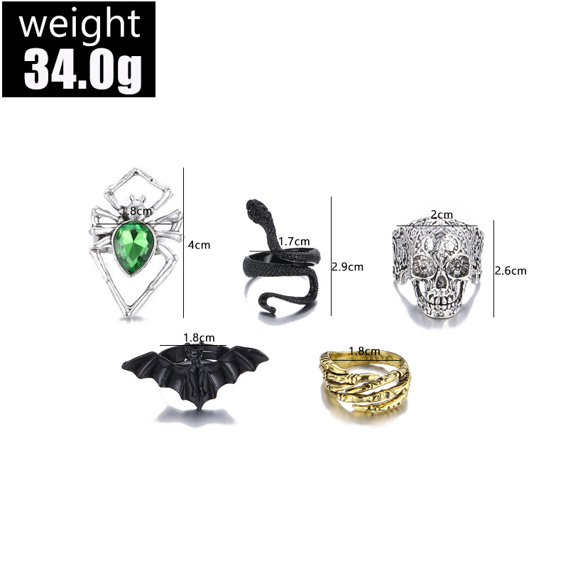Fashion Halloween Retro Skull Snake-Shaped Bat Multicolor Diamond Emerald Ring