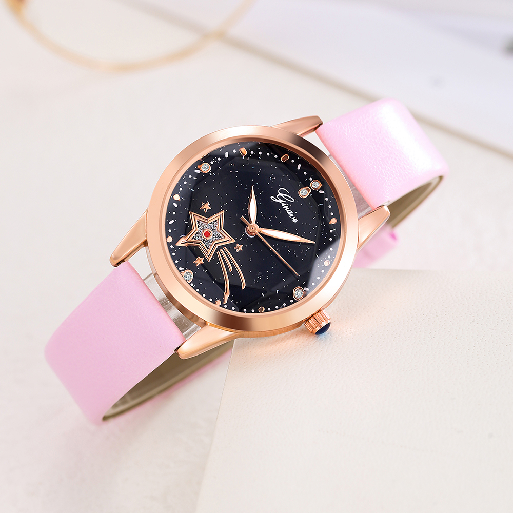 trendy solid color PU leather strap starry sky pattern alloy Womenu0027s Quartz watch