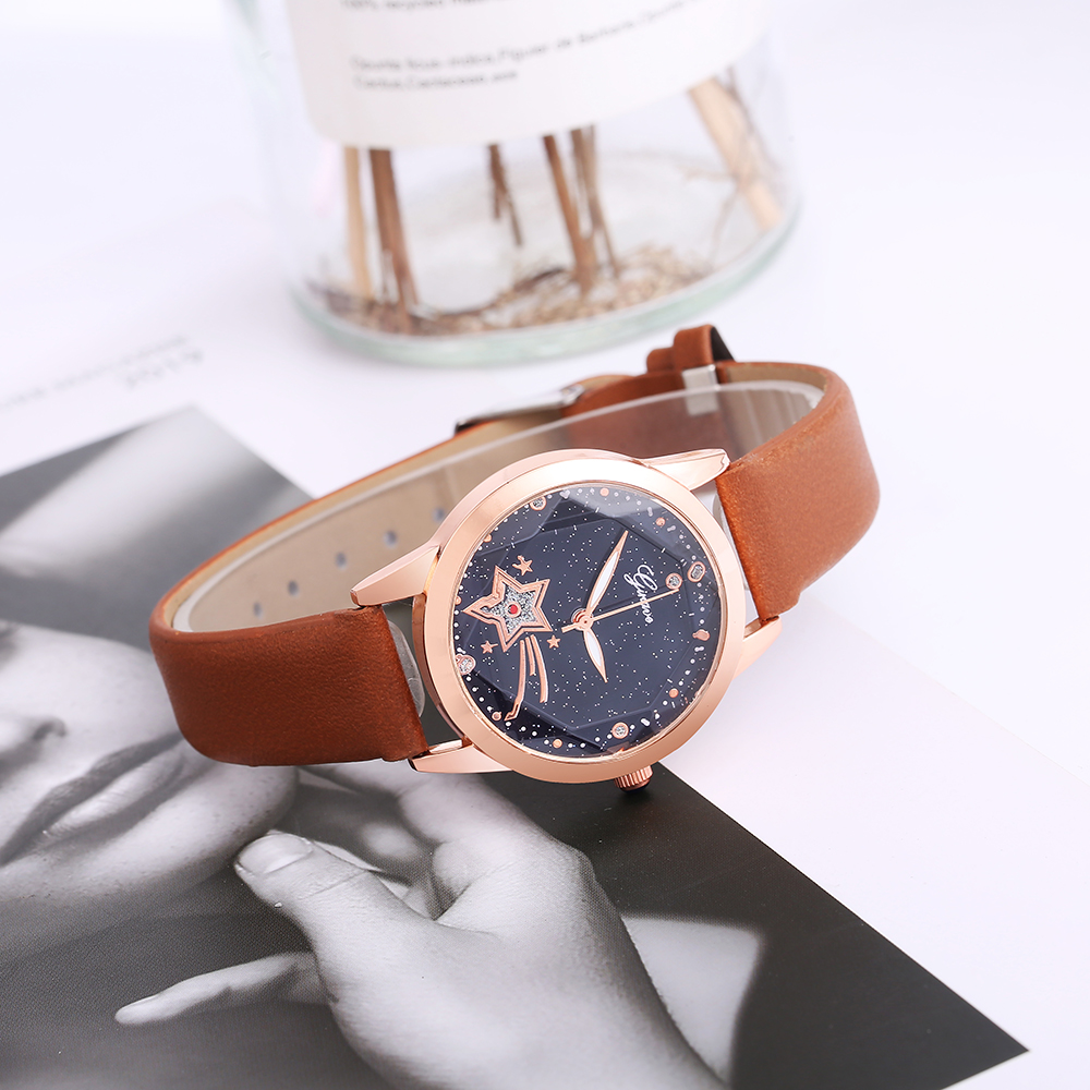 trendy solid color PU leather strap starry sky pattern alloy Womenu0027s Quartz watch