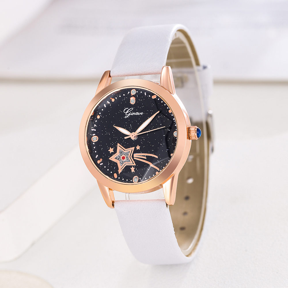 trendy solid color PU leather strap starry sky pattern alloy Womenu0027s Quartz watch