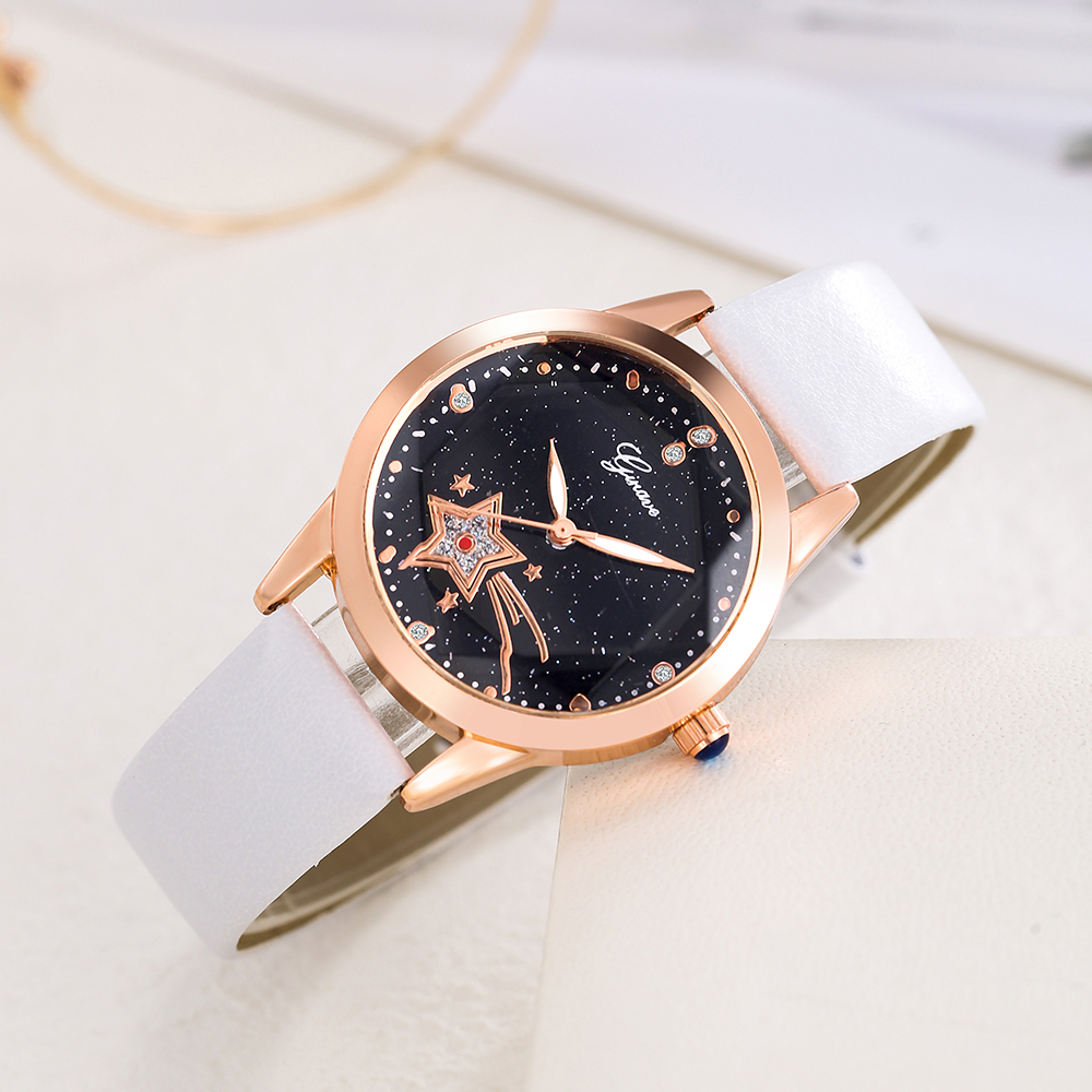 trendy solid color PU leather strap starry sky pattern alloy Womenu0027s Quartz watch