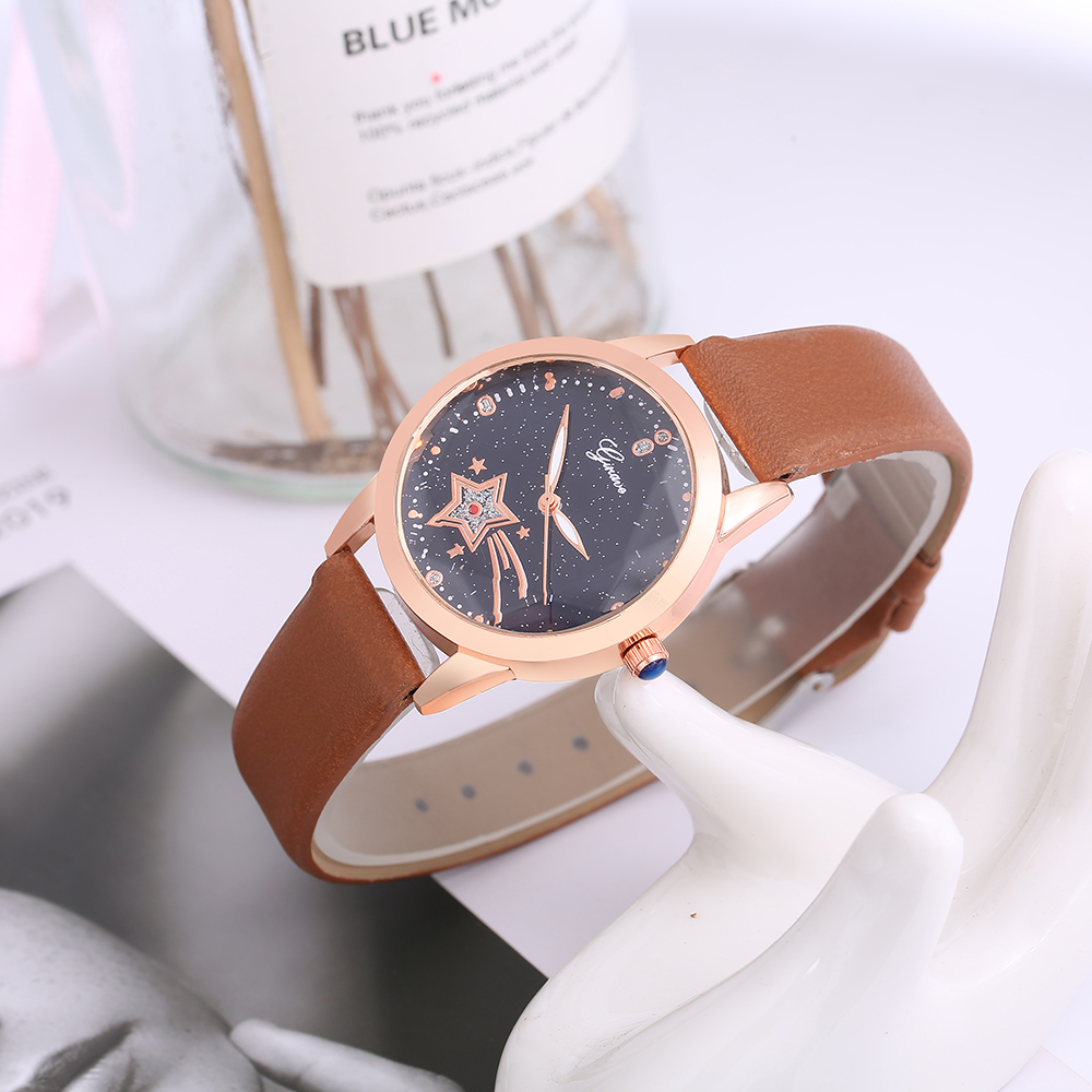 trendy solid color PU leather strap starry sky pattern alloy Womenu0027s Quartz watch