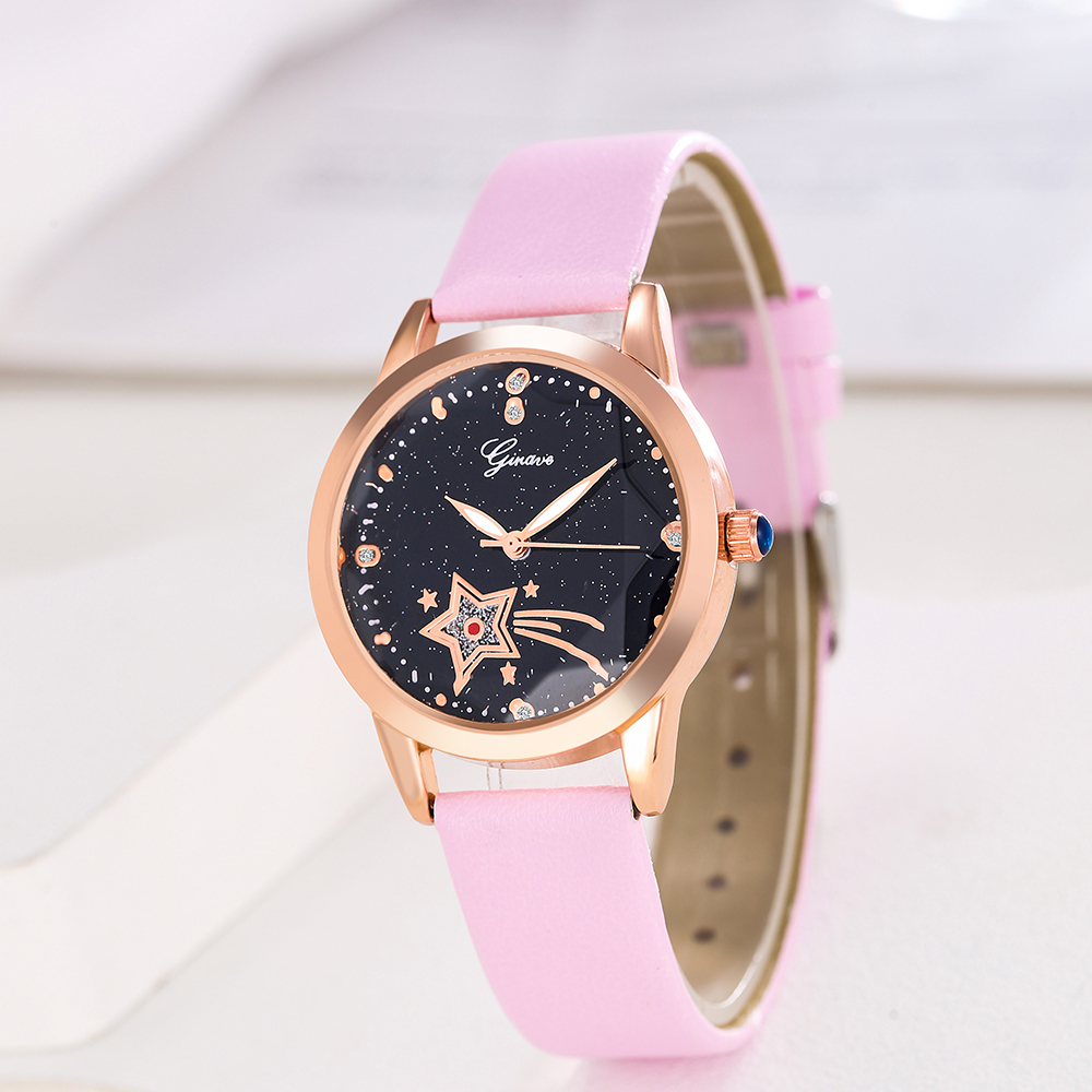 trendy solid color PU leather strap starry sky pattern alloy Womenu0027s Quartz watch