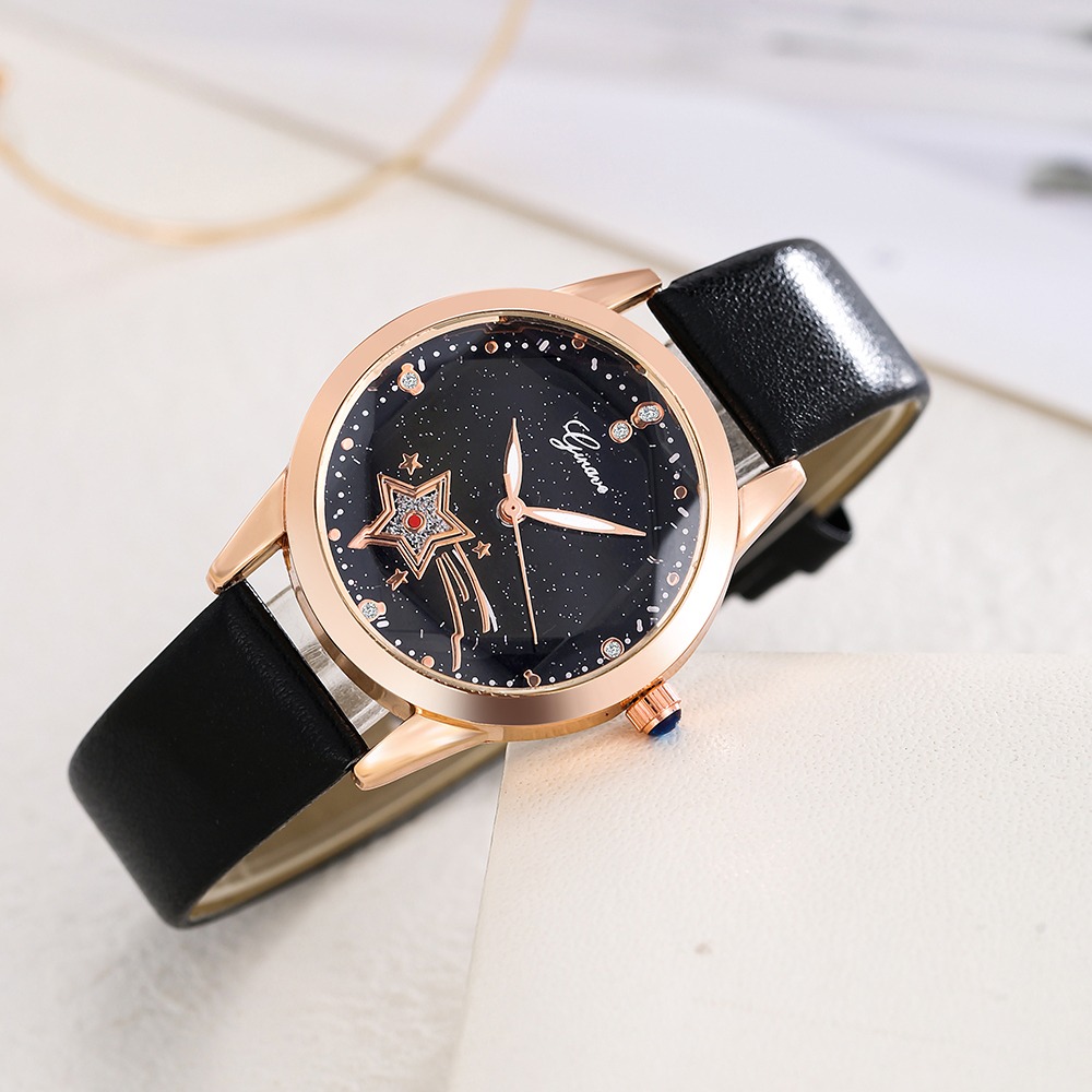 trendy solid color PU leather strap starry sky pattern alloy Womenu0027s Quartz watch