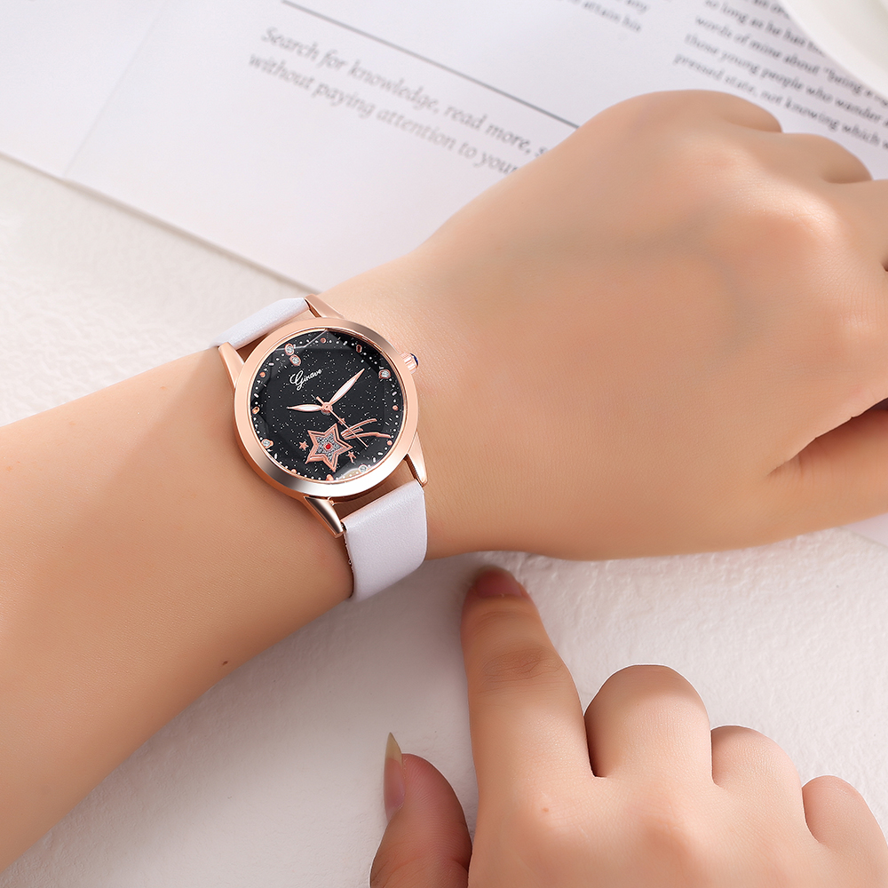 trendy solid color PU leather strap starry sky pattern alloy Womenu0027s Quartz watch