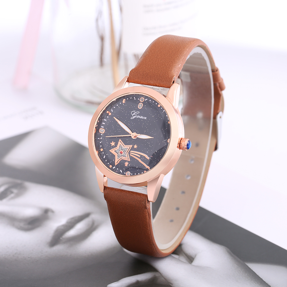 trendy solid color PU leather strap starry sky pattern alloy Womenu0027s Quartz watch