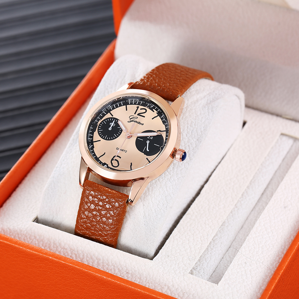 solid color brown PU leather strap alloy Womenu0027s Quartz watch