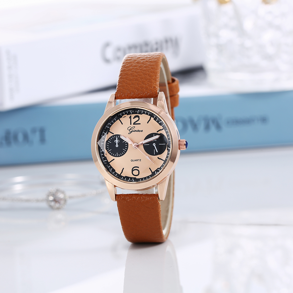 solid color brown PU leather strap alloy Womenu0027s Quartz watch