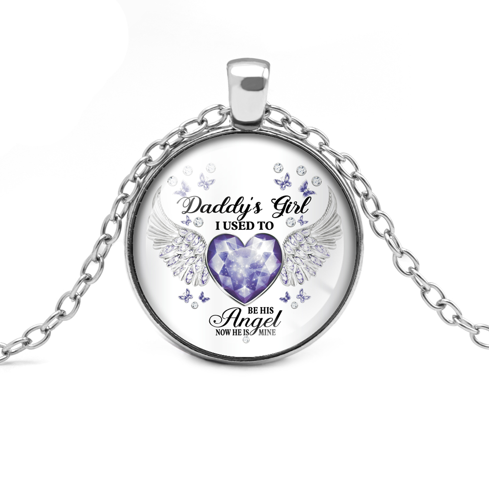 Fashion Letter Dadu0027s Daughter Girl Time Gem Cabochon Necklace Angel Wings Ornament