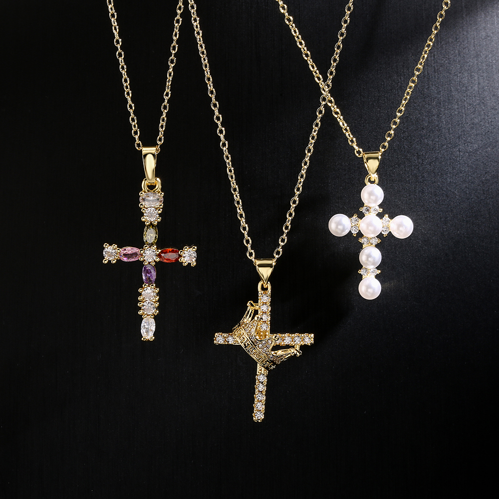 Fashion Clavicle Chain Copper 18K Gold Zircon Pearl Cross Pendant Necklace