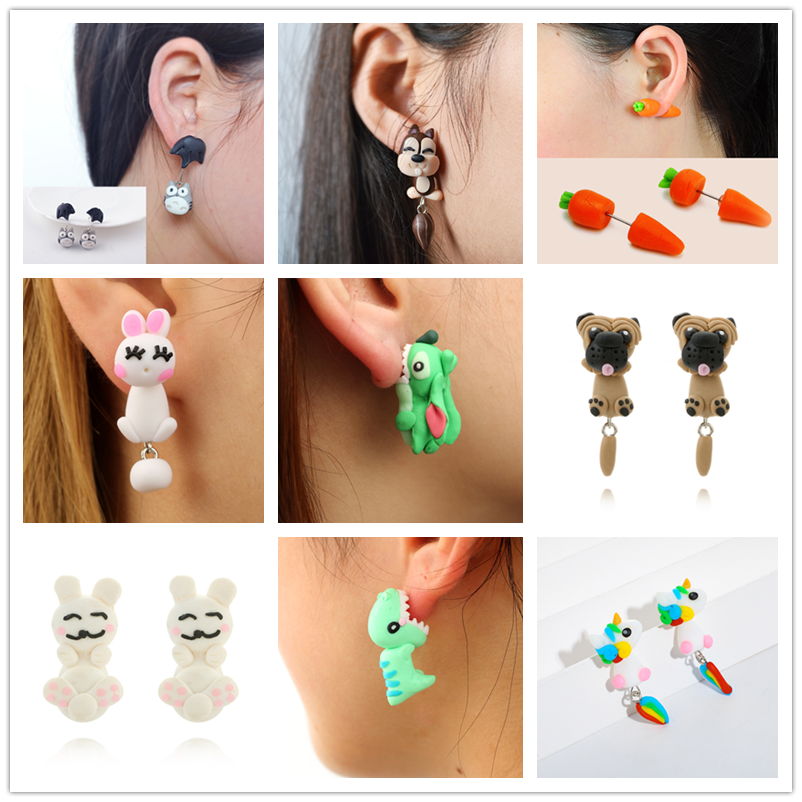 Fashion Cool Animal Polymer Clay Cartoon Cannibal Flower Fox Cat Polymer Clay Earrings