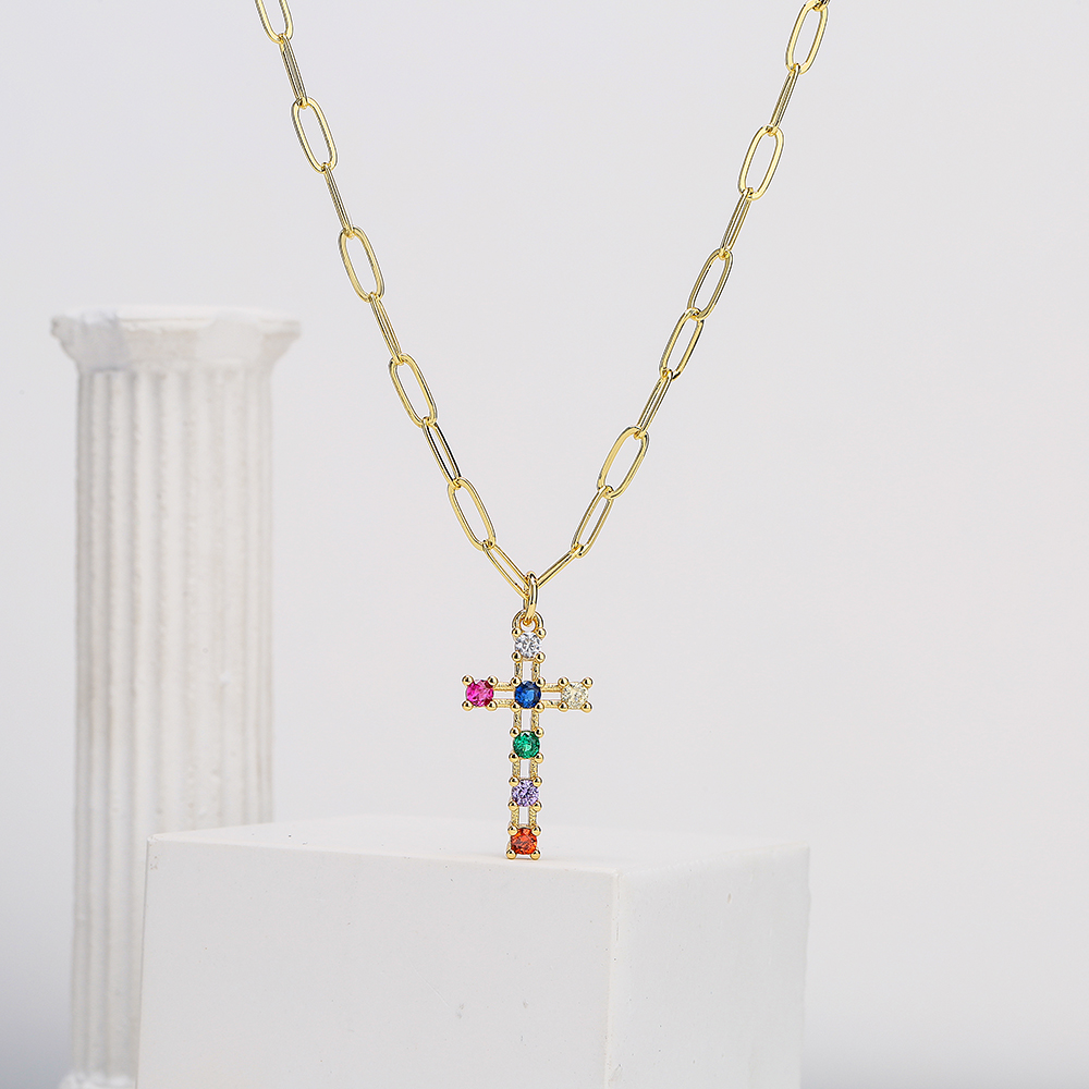 Fashion Copper Plating 18K Gold Zircon Cross Pendant Necklace Female
