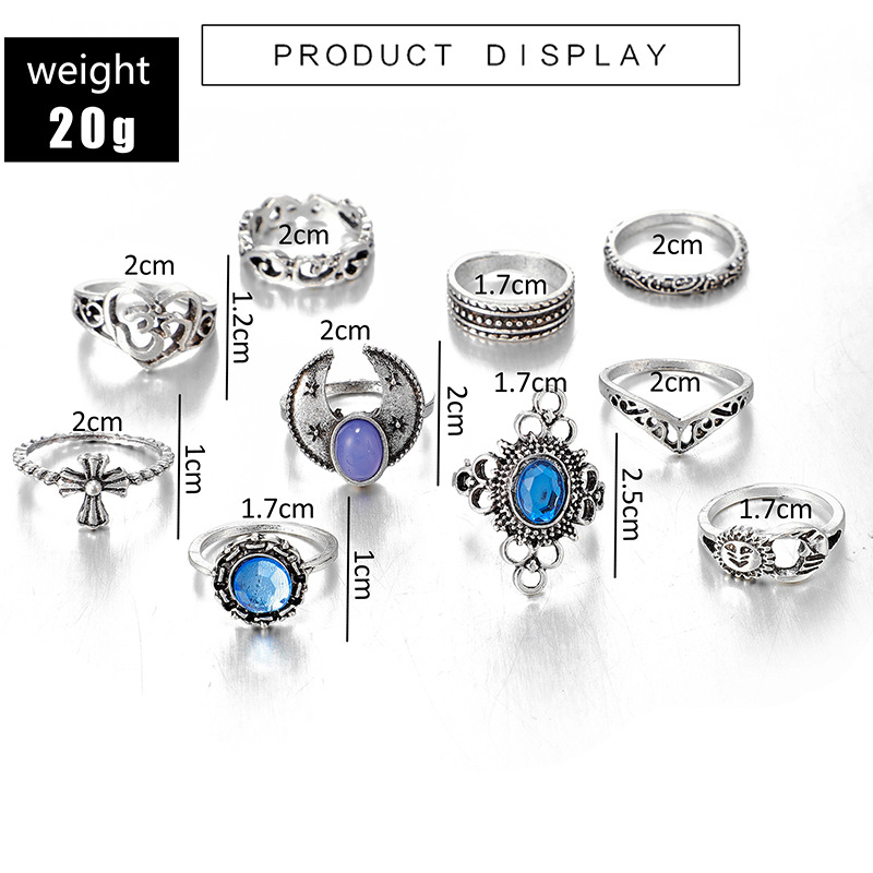 Fashion Ornament Vintage Blue Diamond 10 PCs  Horn Cross Sun Ring Set