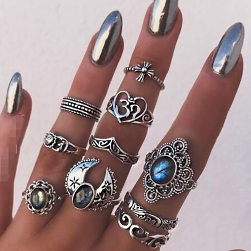 Fashion Ornament Vintage Blue Diamond 10 PCs  Horn Cross Sun Ring Set