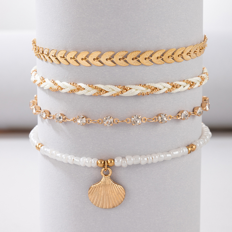 Fashion Bohemian Ornament Simple White Braided Rope Beaded Scallop Four-Piece Alloy Anklet