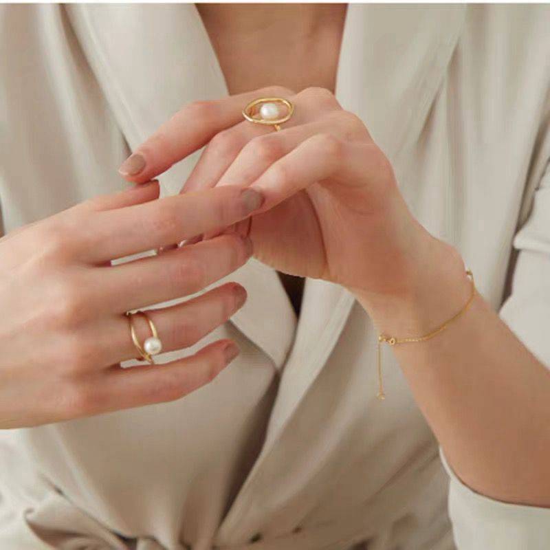 Simple Style Geometric Alloy Plating Artificial Pearls Rings