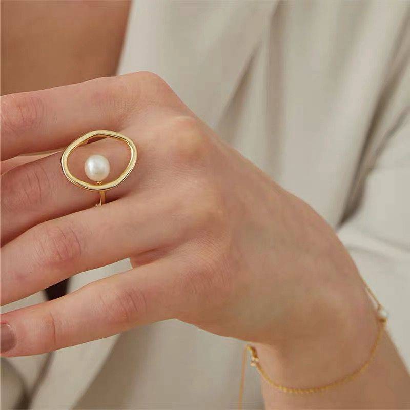 Simple Style Geometric Alloy Plating Artificial Pearls Rings