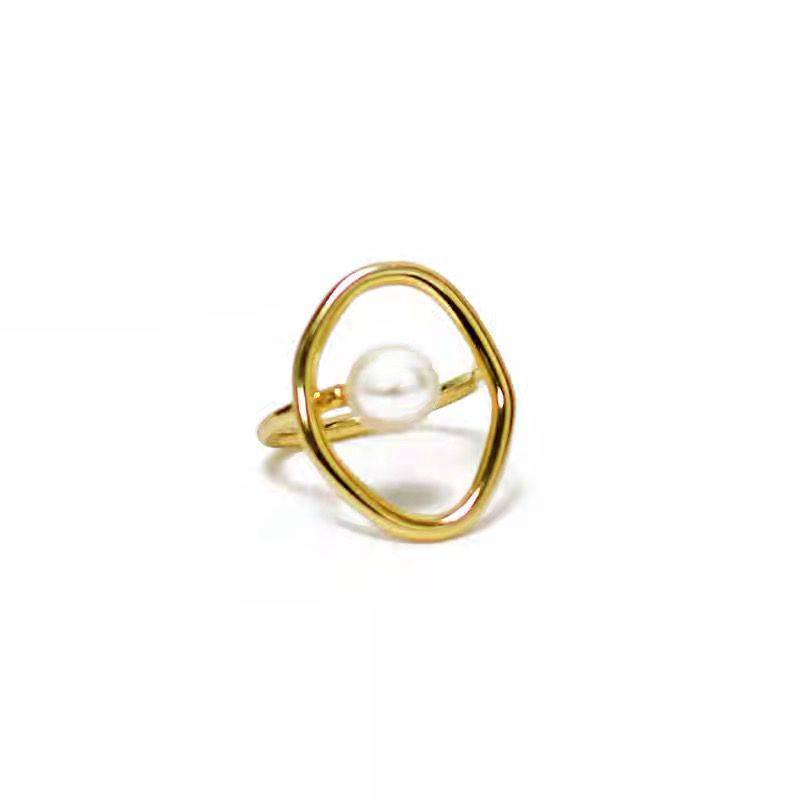 Simple Style Geometric Alloy Plating Artificial Pearls Rings