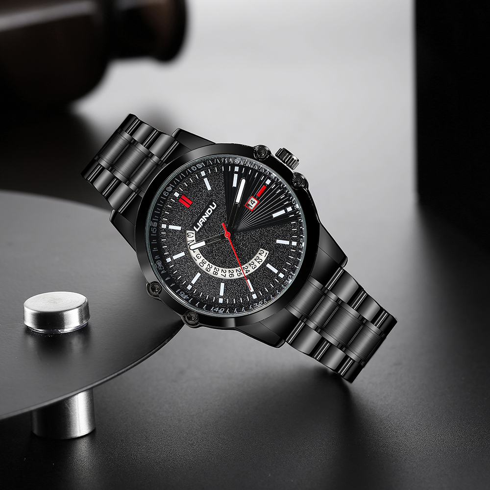 fashion business style stainless Steel strap calendar Menu0027s Quartz Watch