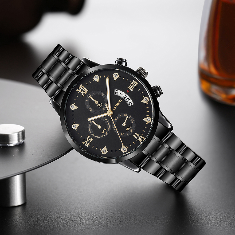 fashion black stainless Steel strap Menu0027s Three-Eye Quartz Watch chain wristband