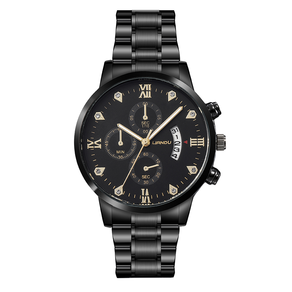 fashion black stainless Steel strap Menu0027s Three-Eye Quartz Watch chain wristband