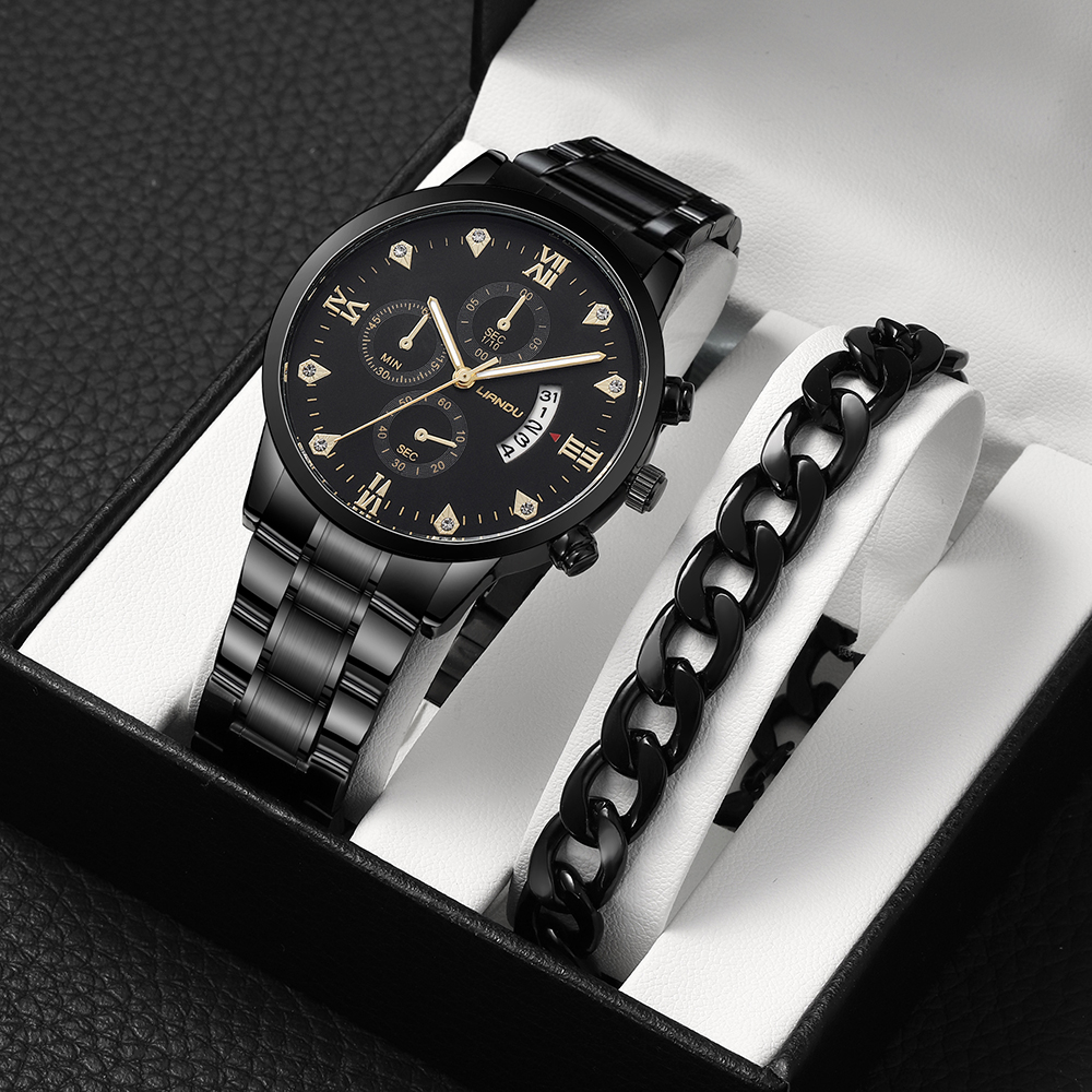 fashion black stainless Steel strap Menu0027s Three-Eye Quartz Watch chain wristband