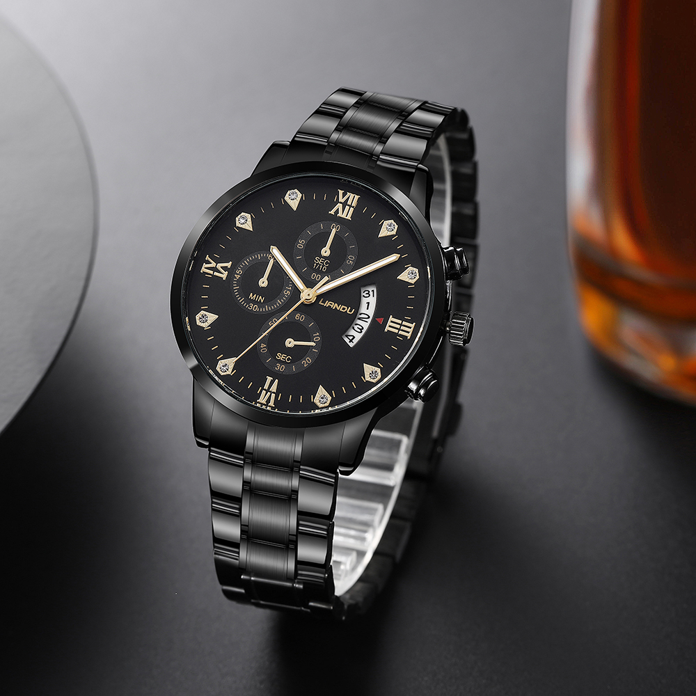 fashion black stainless Steel strap Menu0027s Three-Eye Quartz Watch chain wristband