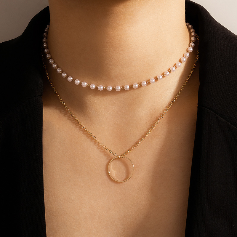 Simple style Geometric Pearl Chain Double-Layer alloy Necklace