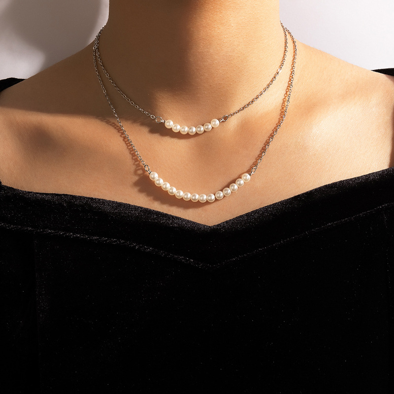 Simple style Geometric Pearl Chain Double-Layer alloy Necklace