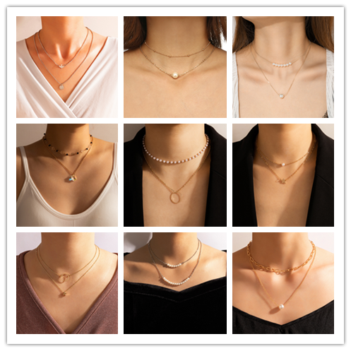 Simple style Geometric Pearl Chain Double-Layer alloy Necklace