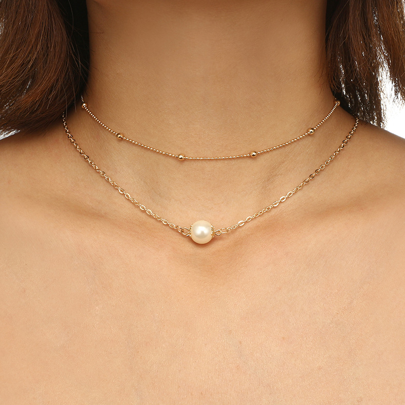 Simple style Geometric Pearl Chain Double-Layer alloy Necklace