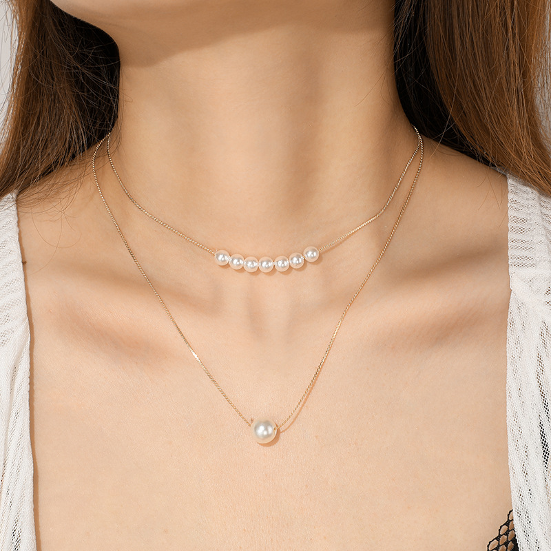 Simple style Geometric Pearl Chain Double-Layer alloy Necklace