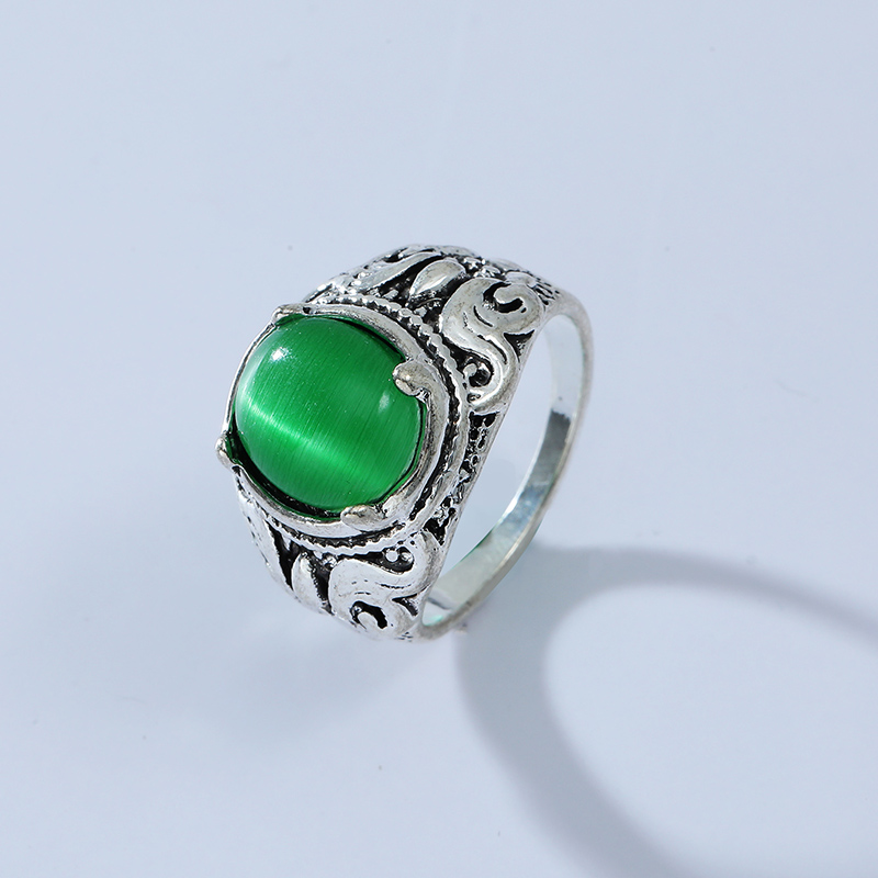 Fashion Retro Ethnic Carved Inlay Big Gem Oval Alloy Ring