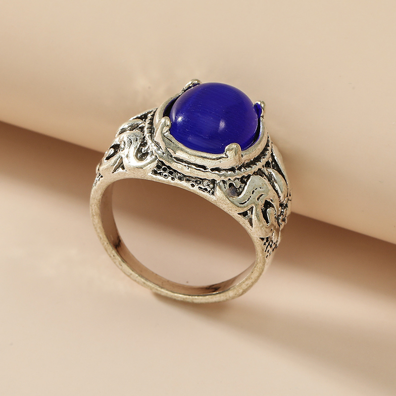 Fashion Retro Ethnic Carved Inlay Big Gem Oval Alloy Ring