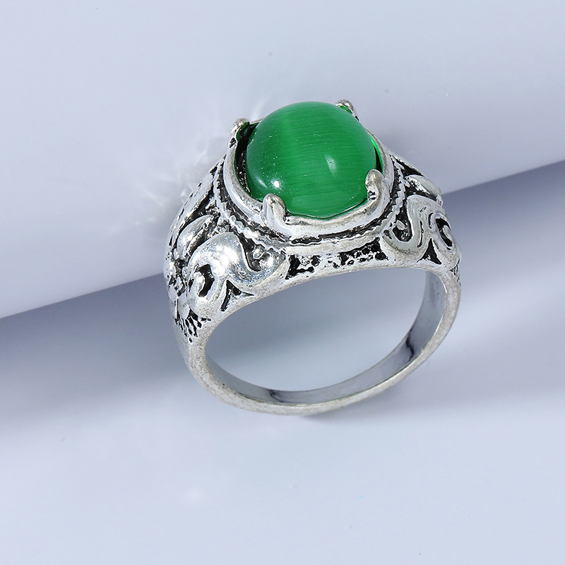 Fashion Retro Ethnic Carved Inlay Big Gem Oval Alloy Ring