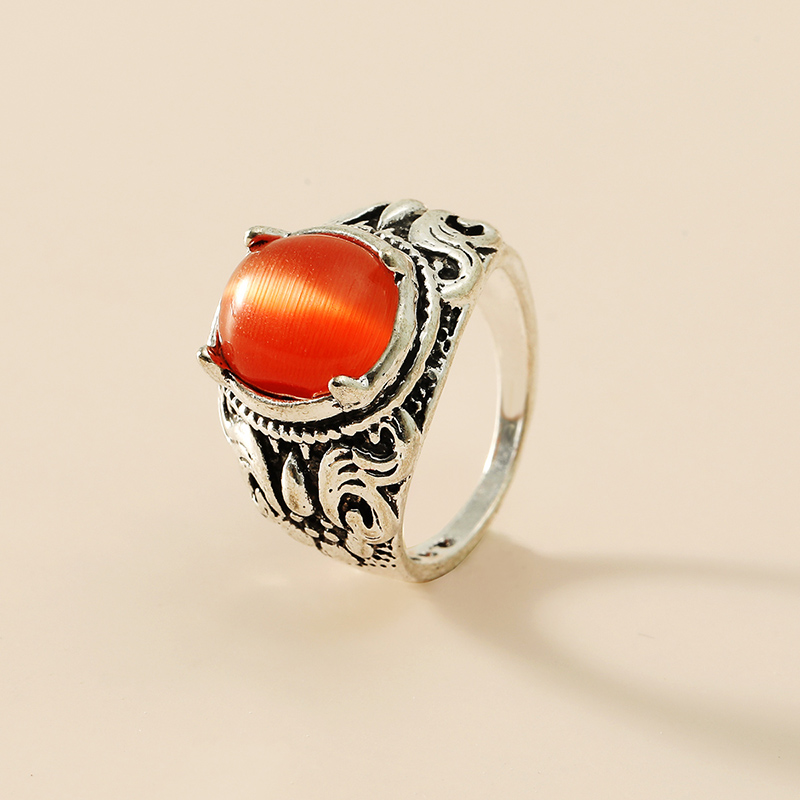 Fashion Retro Ethnic Carved Inlay Big Gem Oval Alloy Ring