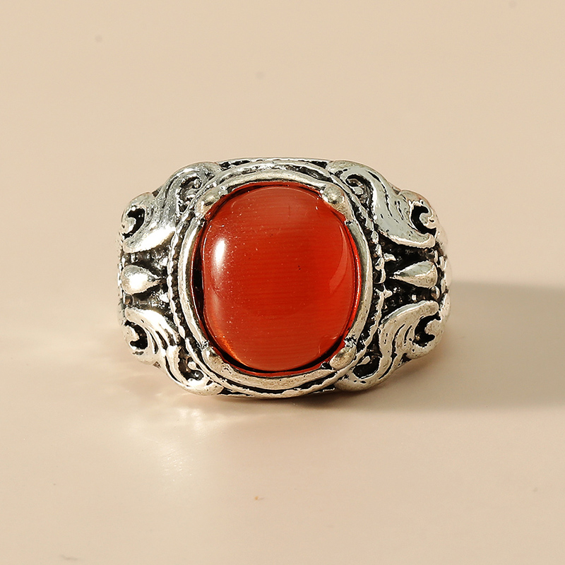 Fashion Retro Ethnic Carved Inlay Big Gem Oval Alloy Ring