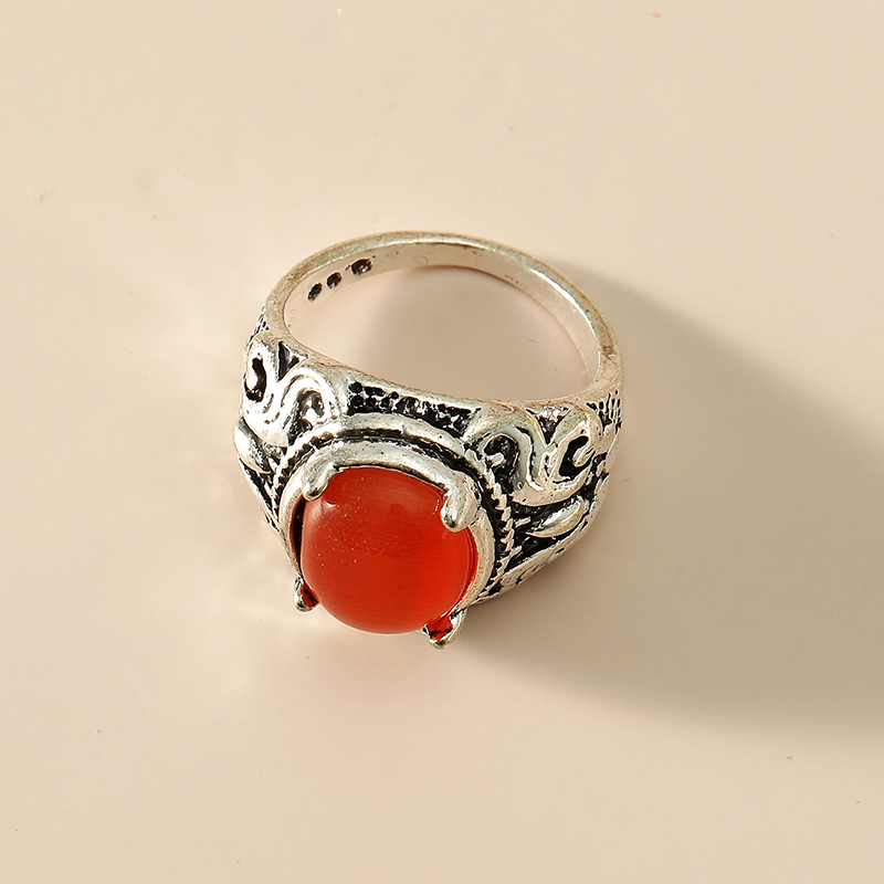 Fashion Retro Ethnic Carved Inlay Big Gem Oval Alloy Ring