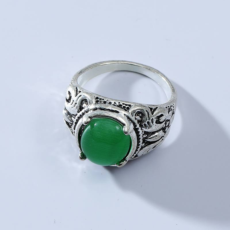 Fashion Retro Ethnic Carved Inlay Big Gem Oval Alloy Ring