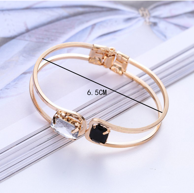 Fashion Simplicity Hollow Inlay Two Diamonds Black White Gems Open-Ended Bracelet