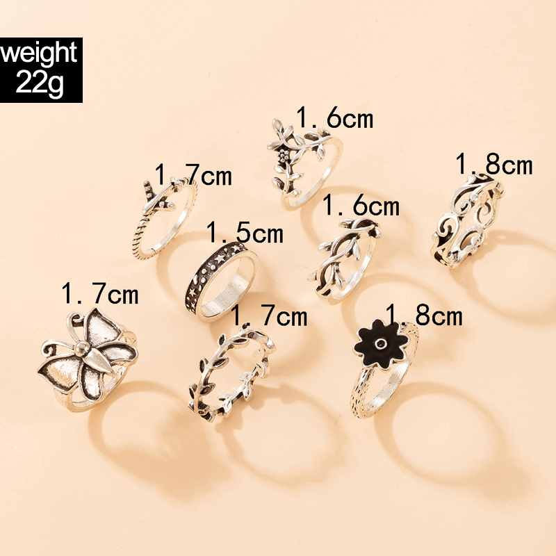 Vintage style Butterfly Leaves Glaze Flowers Airplane Ring Eight-Piece Set