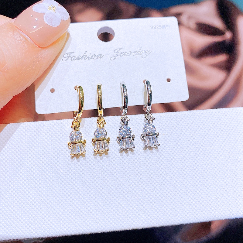 Cute Fashion Crown Angel Gold-Plated Zircon Inlaid Copper Earrings