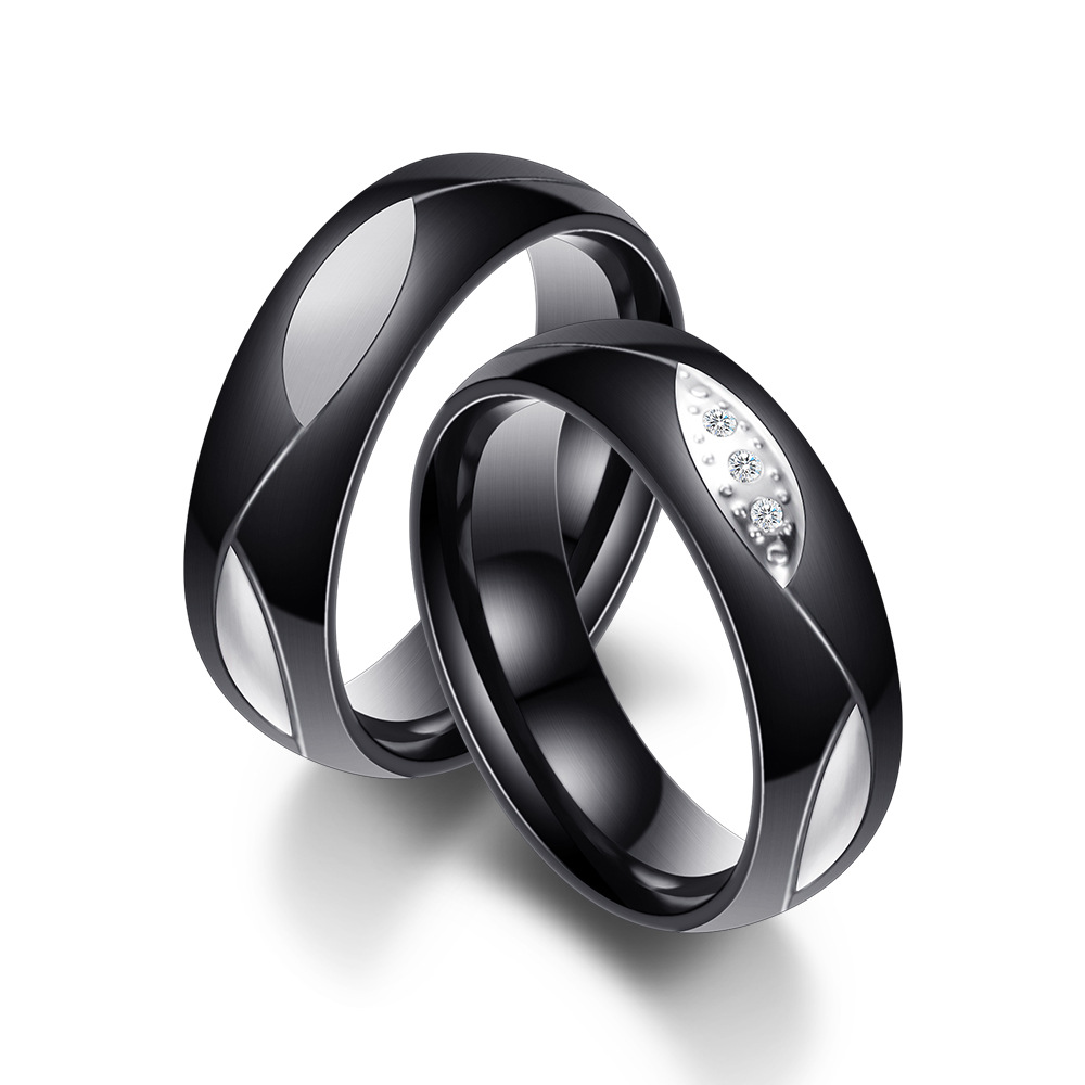 Simple style Black leaf shape inlaid diamond Couple Ring