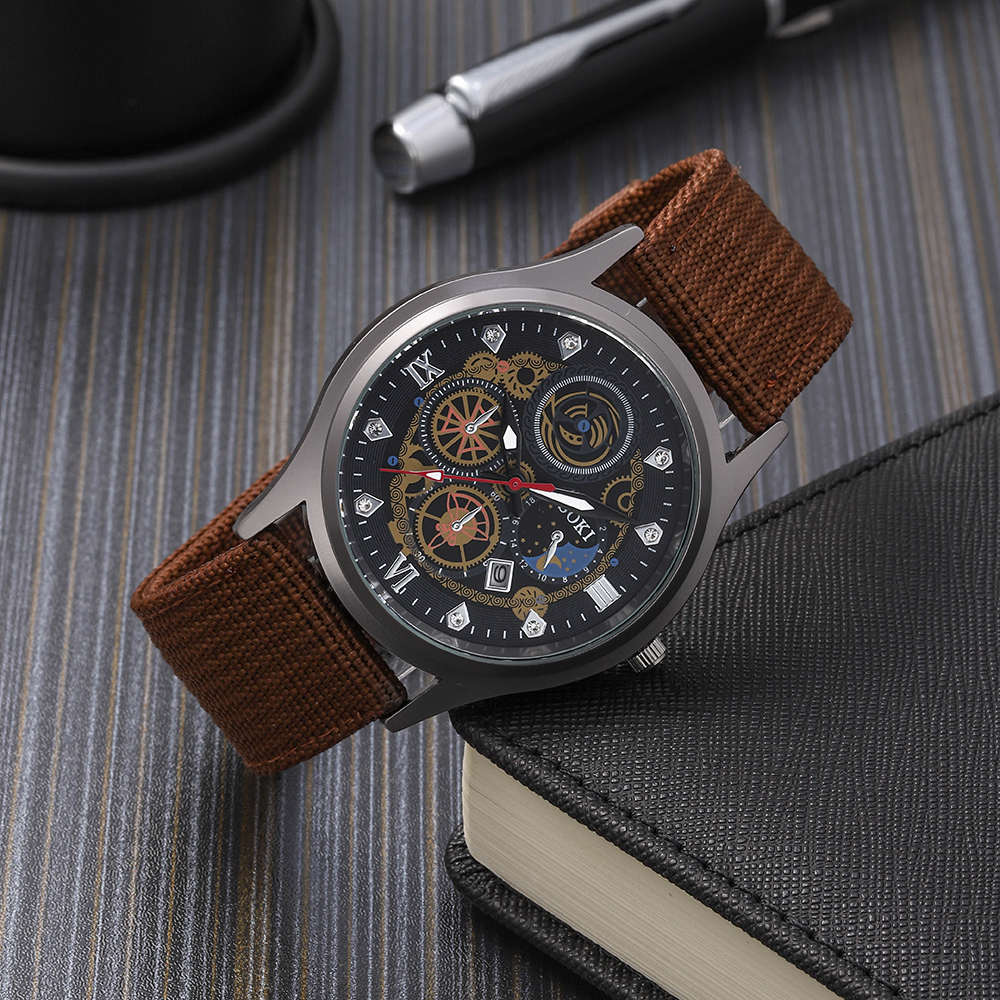 Menu0027s Leisure Watch bracelet set retro style Woven Nylon Strap Calendar Sports Quartz Watch