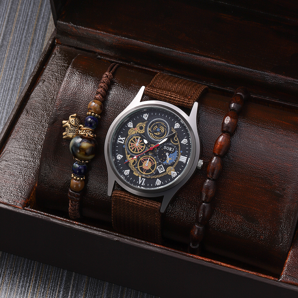 Menu0027s Leisure Watch bracelet set retro style Woven Nylon Strap Calendar Sports Quartz Watch
